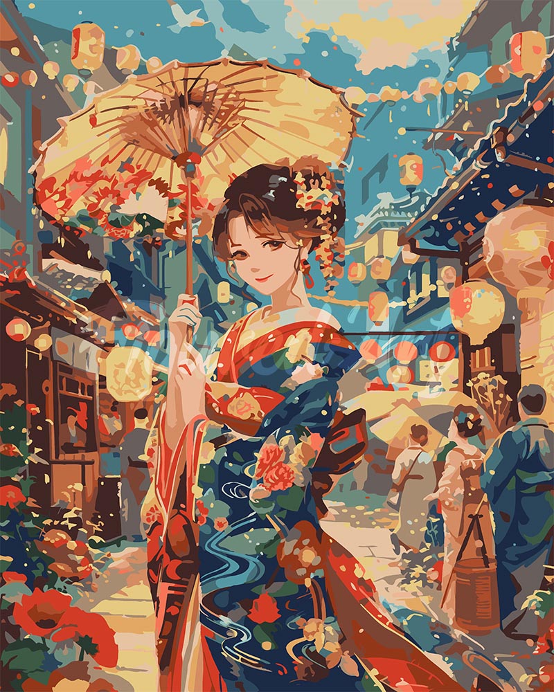 Malen nach Zahlen Figured'Art – Kimono-Mädchen beim Laternenfest