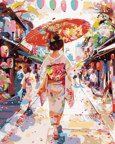 Malen nach Zahlen Figured'Art – Yukata-Mädchen auf der Feststraße