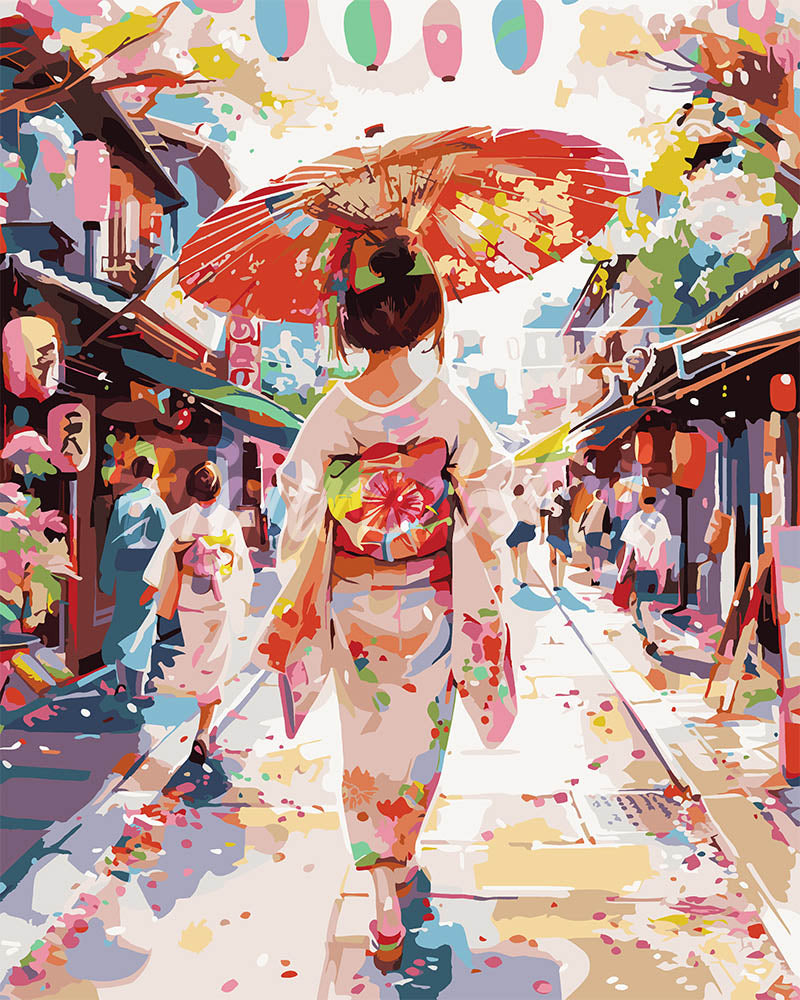 Malen nach Zahlen Figured'Art – Yukata-Mädchen auf der Feststraße