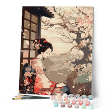 Laden Sie das Bild in den Galerie-Viewer, Vintage-Kimono-Dame mit Kirschbüten