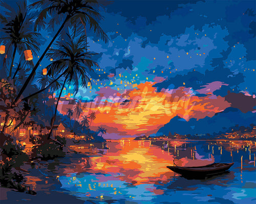 Malen nach Zahlen Figured'Art – Sonnenuntergang am Laternenstrand