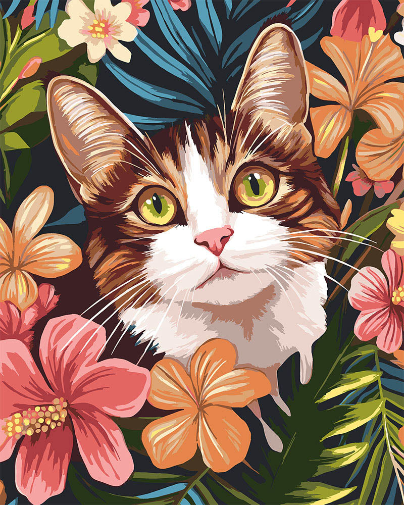 Malen nach Zahlen Figured'Art – Katze mit tropischen Blumen