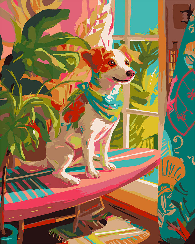 Malen nach Zahlen Figured'Art – Surfbegeisterter Hund