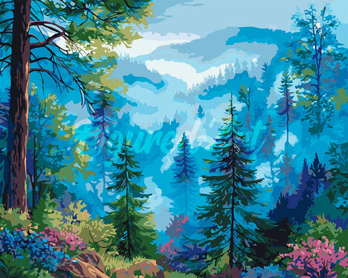 Malen nach Zahlen Figured'Art – Nebliges Kiefern-Tal