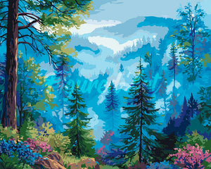 Malen nach Zahlen Figured'Art – Nebliges Kiefern-Tal