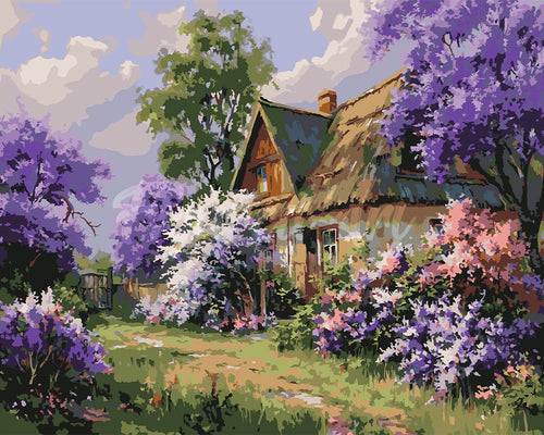 Malen nach Zahlen Figured'Art – Cottage mit Flieder-Garten