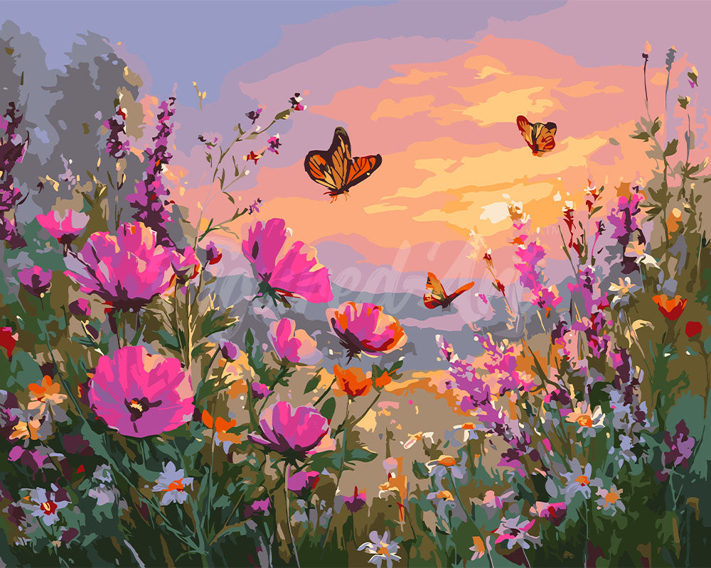 Malen nach Zahlen Figured'Art – Wildblumen bei Sonnenuntergang