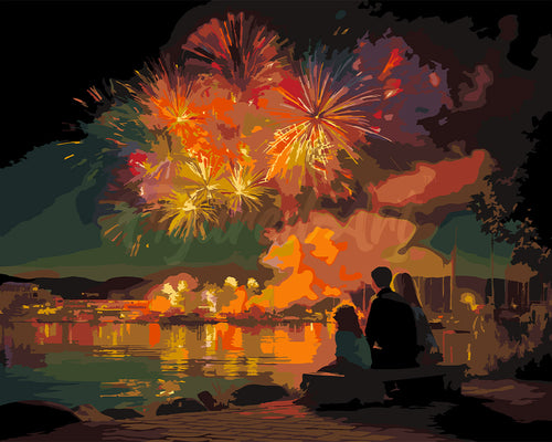 Malen nach Zahlen Figured'Art – Familie und Feuerwerk