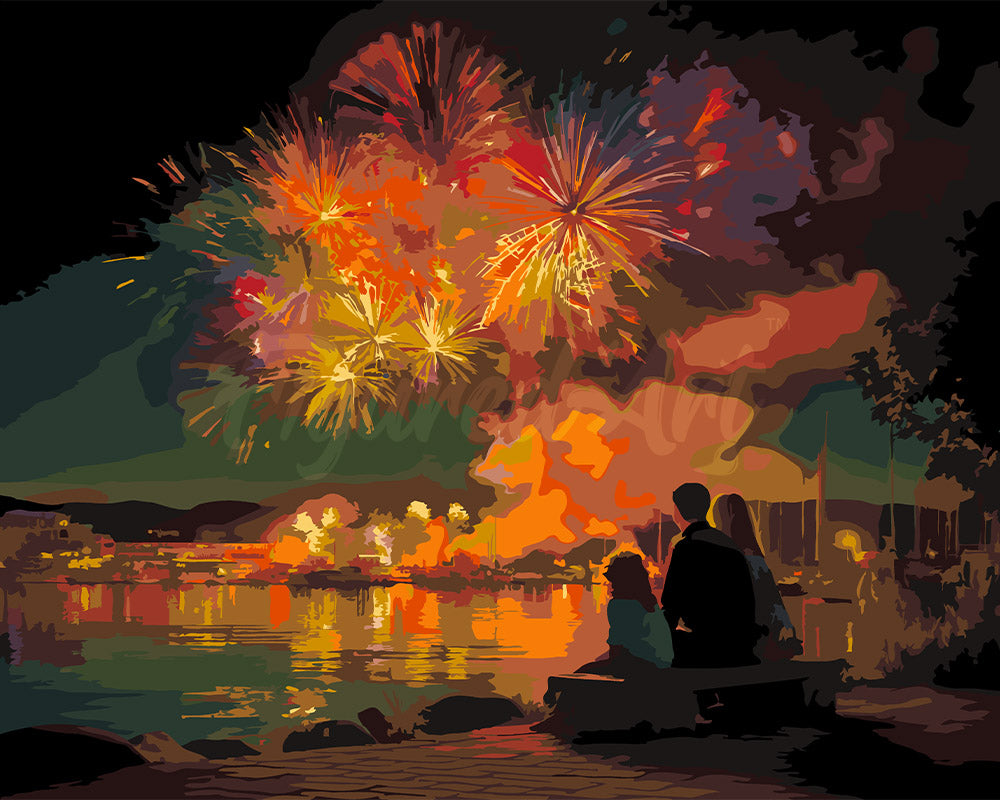 Malen nach Zahlen Figured'Art – Familie und Feuerwerk