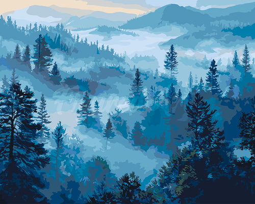 Malen nach Zahlen Figured'Art – Nebel in den Kiefern