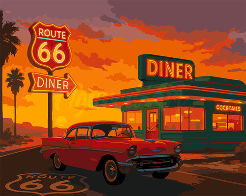 Malen nach Zahlen Figured'Art – Der Diner und der Oldtimer