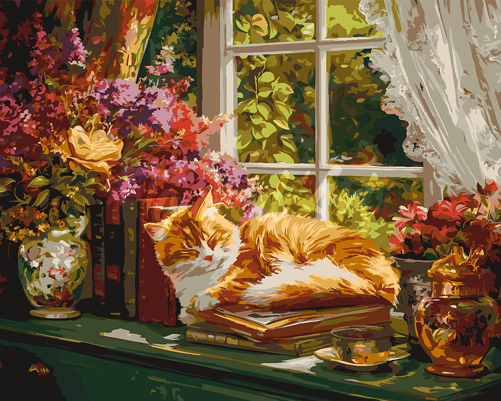 Malen nach Zahlen Figured'Art – Gemütliches Fenster mit Katze