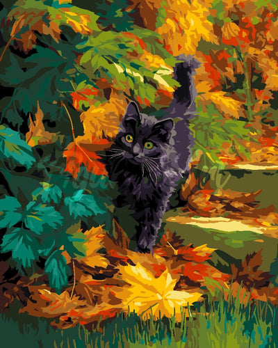 Malen nach Zahlen Figured'Art – Schwarze Katze im Herbst