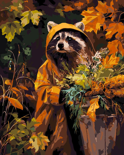 Malen nach Zahlen Figured'Art – Waschbär im Regenmantel