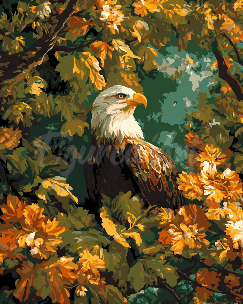 Malen nach Zahlen Figured'Art – Adler unter goldenen Blättern