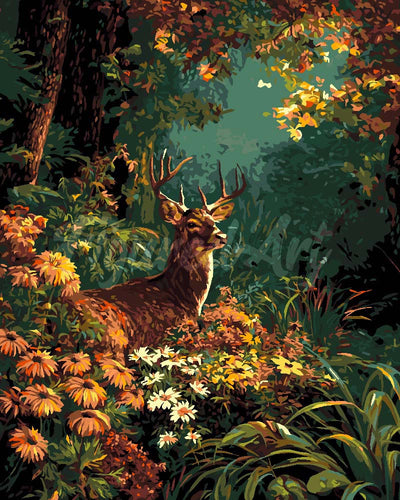 Malen nach Zahlen Figured'Art – Hirsch umgeben von Herbstblüten