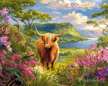 Laden Sie das Bild in den Galerie-Viewer, Malen nach Zahlen Figured'Art – Highland Cow Frühlings-Tal