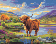 Laden Sie das Bild in den Galerie-Viewer, Malen nach Zahlen Figured'Art – Highland Cow gemalter Himmel