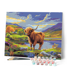 Laden Sie das Bild in den Galerie-Viewer, Highland Cow gemalter Himmel