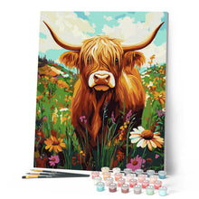 Laden Sie das Bild in den Galerie-Viewer, Highland Cow Wildblumen Porträt