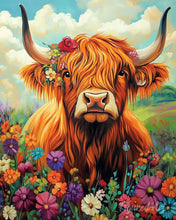 Laden Sie das Bild in den Galerie-Viewer, Malen nach Zahlen Figured'Art – Highland Cow Blumen Porträt