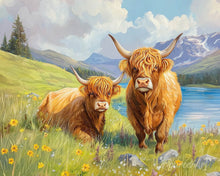 Laden Sie das Bild in den Galerie-Viewer, Malen nach Zahlen Figured'Art – Highland Cow Familie am See