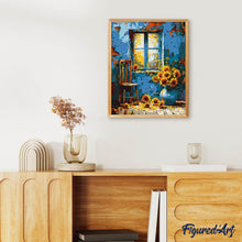 Laden Sie das Bild in den Galerie-Viewer, Sonnenblumen am blauen Fenster