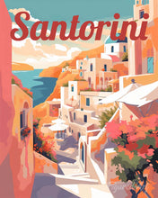 Laden Sie das Bild in den Galerie-Viewer, Malen nach Zahlen Figured'Art – Reiseposter Santorin Klippenblick