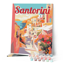 Laden Sie das Bild in den Galerie-Viewer, Reiseposter Santorin Klippenblick