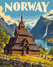 Laden Sie das Bild in den Galerie-Viewer, Malen nach Zahlen Figured'Art – Reiseplakat Stabkirche Borgund, Norwegen
