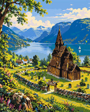 Laden Sie das Bild in den Galerie-Viewer, Malen nach Zahlen Figured'Art – Norwegischer Fjord und Stabkirche