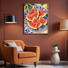 Laden Sie das Bild in den Galerie-Viewer, Wassermelone auf blauem Porzellanteller