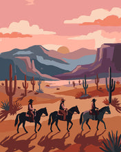 Laden Sie das Bild in den Galerie-Viewer, Malen nach Zahlen Figured'Art – Cowboys im Sonnenuntergang der Wüste