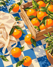 Laden Sie das Bild in den Galerie-Viewer, Malen nach Zahlen Figured'Art – Orangen auf blau kariertem Stoff