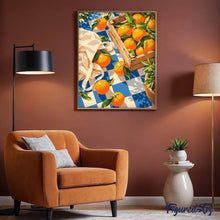 Laden Sie das Bild in den Galerie-Viewer, Orangen auf blau kariertem Stoff