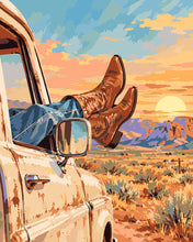 Laden Sie das Bild in den Galerie-Viewer, Malen nach Zahlen Figured'Art – Roadtrip durch die Wüste bei Sonnenuntergang