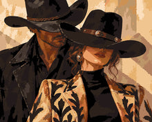 Laden Sie das Bild in den Galerie-Viewer, Malen nach Zahlen Figured'Art – Cowboy-Paar mit schwarzen Hüten