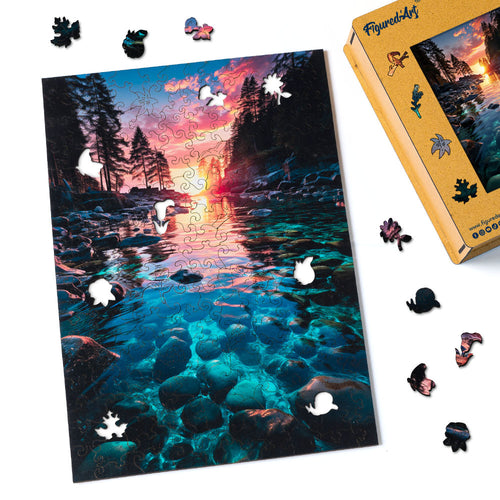 Holzpuzzle Erwachsene - Sonnenuntergang über dem Crystal Lake