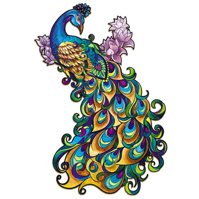 2D Holzpuzzle – Blauer und gelber Pfau
