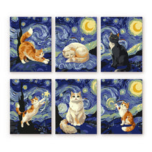 Laden Sie das Bild in den Galerie-Viewer, Mini Malen nach Zahlen 15x20 cm (6 Stück) - Sternennacht-Katzen Figured'Art