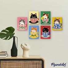 Laden Sie das Bild in den Galerie-Viewer, Mini Serie Malen nach Zahlen 15x20 cm (6 Stück) - Katzen in Teetassen
