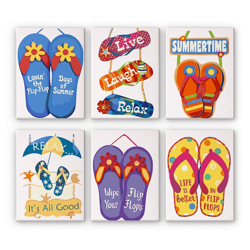 Malen nach Zahlen – 6-Leinwand-Set | Sommer-Flip-Flop-Schilder Figured'Art