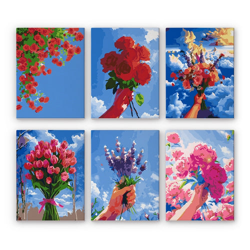 Malen nach Zahlen – 6-Leinwand-Set | Blumensträuße im Himmel Figured'Art
