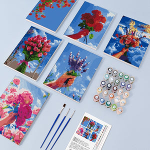 Malen nach Zahlen – 6-Leinwand-Set | Blumensträuße im Himmel