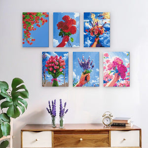 Malen nach Zahlen – 6-Leinwand-Set | Blumensträuße im Himmel