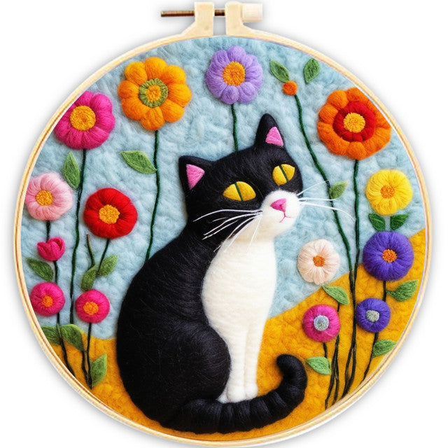 Nadelfilzen Needle Felting - Katze mit bunten Blumen