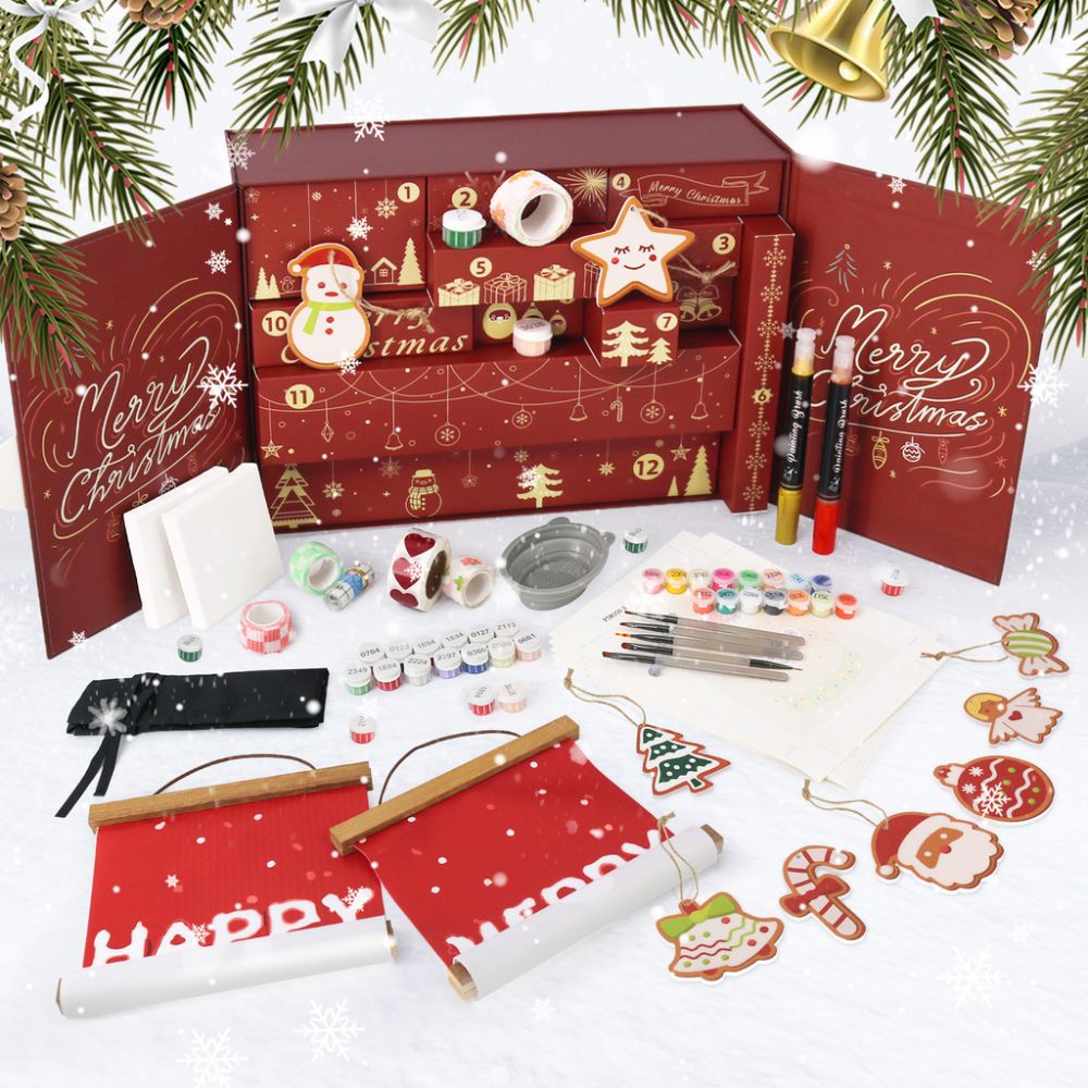 Malen nach Zahlen Adventskalender 2025 - Frohe Weihnachten (Rot - 12 Türchen) Figured'Art