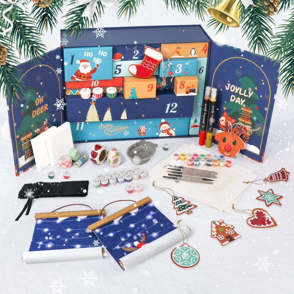 Malen nach Zahlen Adventskalender 2025 - Fröhlich & Festlich (Blau - 12 Türchen) Figured'Art