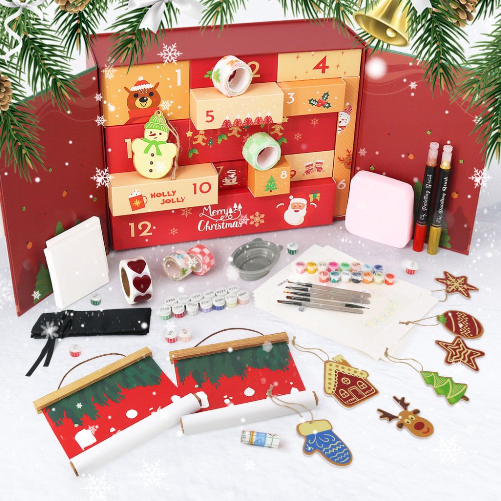 Malen nach Zahlen Adventskalender 2025 - Fröhlich & Festlich (Rot - 12 Türchen) Figured'Art