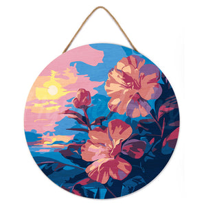 Malen nach Zahlen auf Holzscheibe - Hibiskus bei Sonnenuntergang